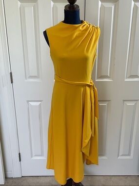 DKNY Warm Yellow Sleeveless Midi Dress with Side Tie